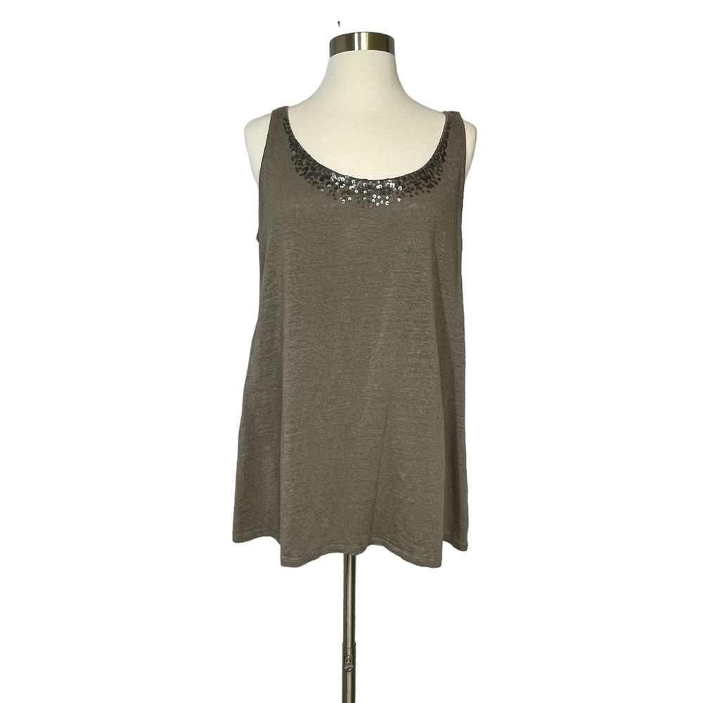 Eileen Fisher Taupe 100% Linen Tank Top w/Sequined Neckline Sz M